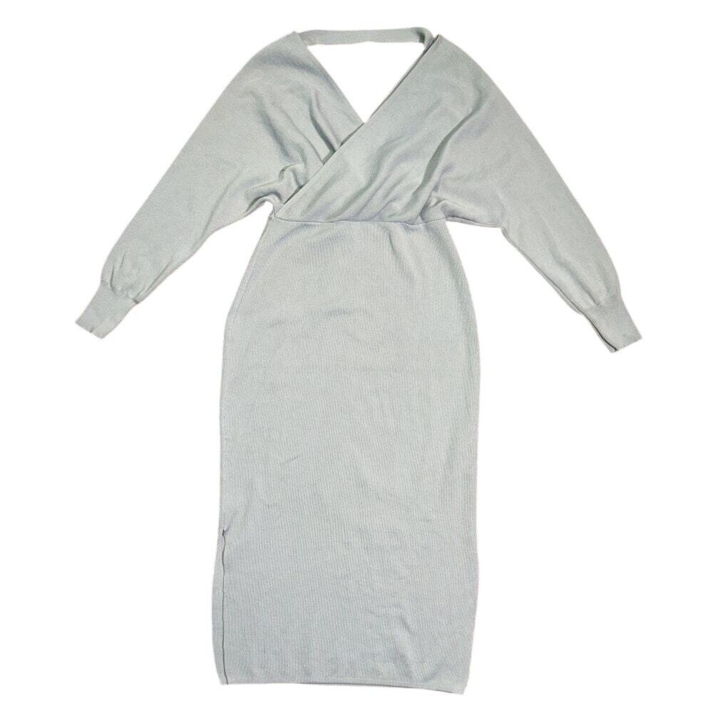 Ruiyige Cinched Waist V- Neck / Back Gray Midi Sweater Dress S/M